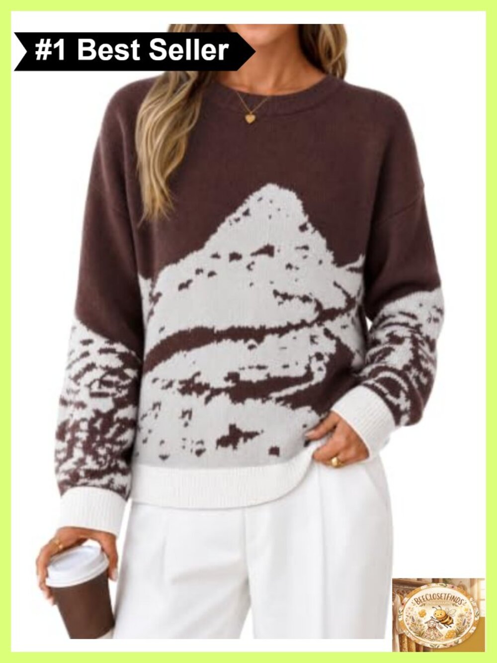 Oversized Crewneck Mountain Print Knit Pullover Sweater Women's